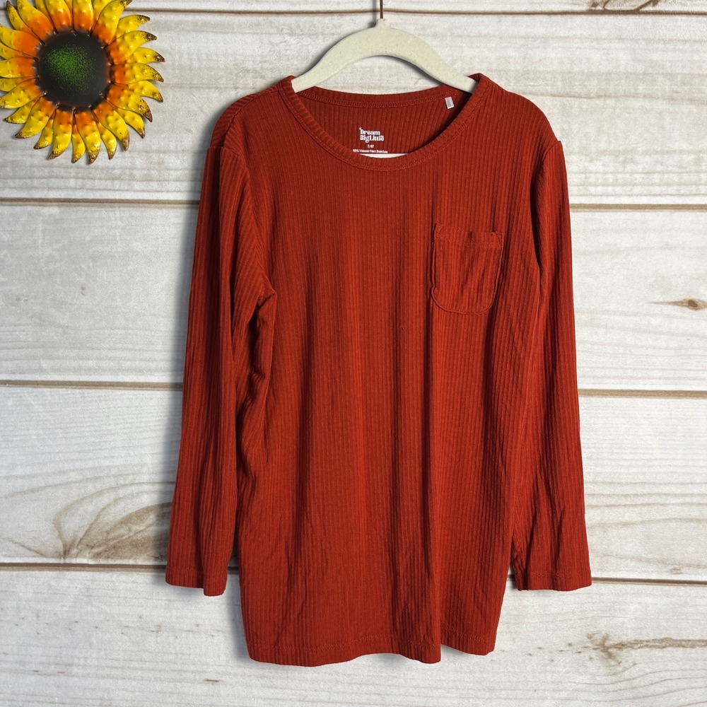Dream Big Little Co Kids Orange Ribbed Long Sleeve Pocket T Shirt Top 7/8